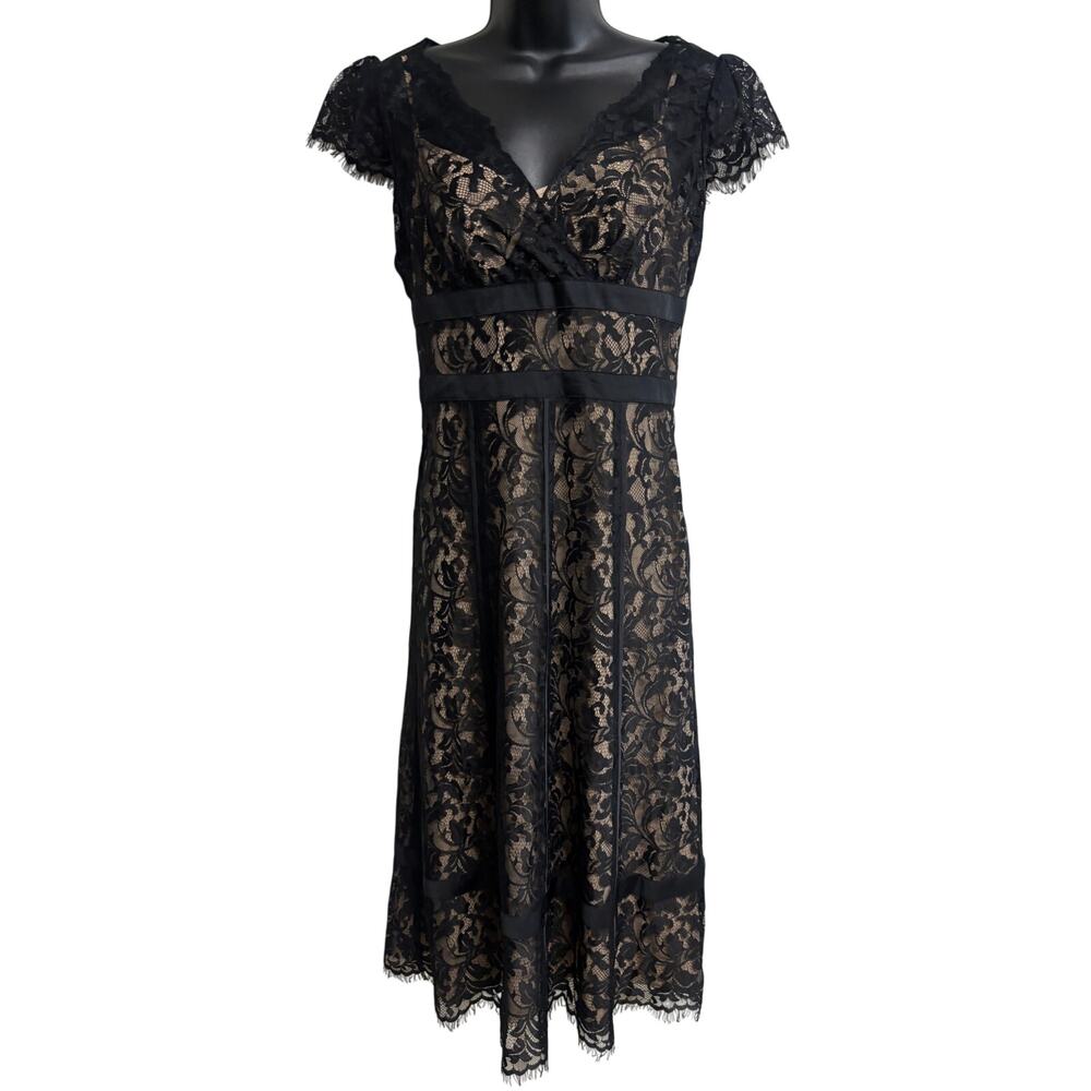 Ann Taylor Loft Black Lace Fit & Flare Dress Size 2 Nude Lined Midi Cocktail EUC